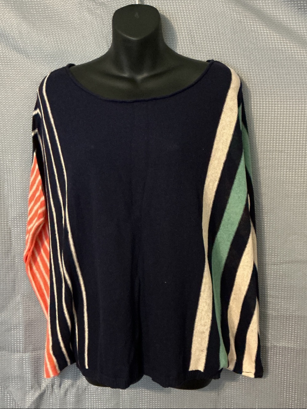 Anthropologie Navy Crewneck Sweater with Coral and Mint Striped Sleeves